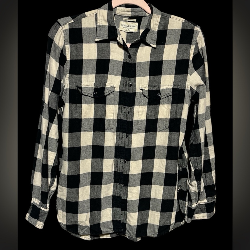 RALPH LAUREN WOMEN DENIM & SUPPLY‎ RL SURPLUS BUTTON DOWN FLANNEL BLACK/CREAM M